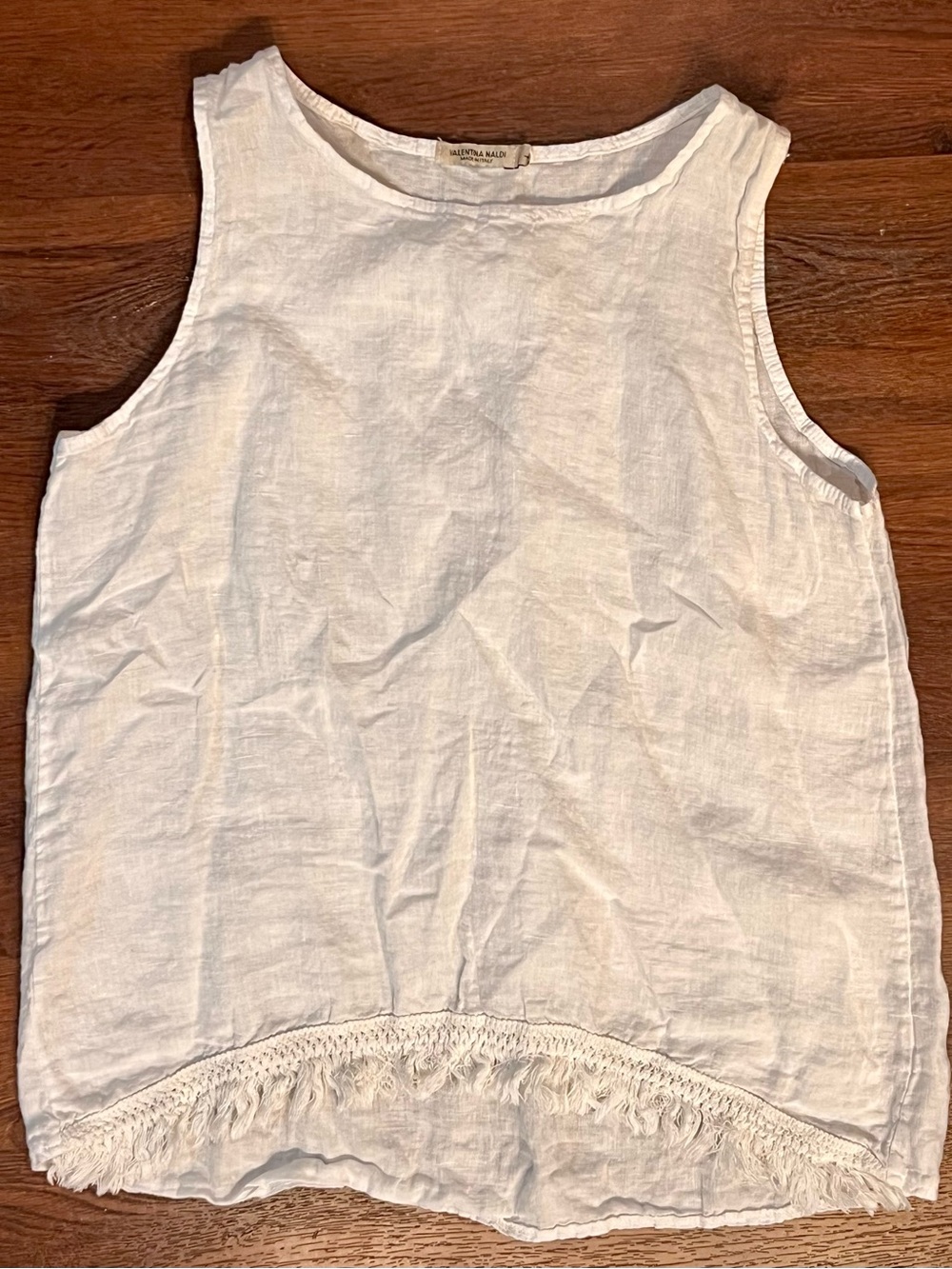 Valentina Naldi White Linen Tank Top Crochet Fringe Tassel Trim Made Italy Sz L